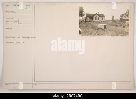 Cette photographie a été prise le 7 février 1919 à Acceptance Park à Detroit, Michigan. Il montre la fondation des casernes en cours de construction. L'image fait partie d'une collection de D.M.A. (Département des affaires militaires). Banque D'Images