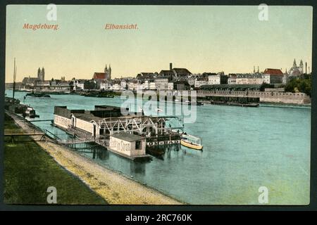 Europa, Deutschland, Sachsen-Anhalt, Magdeburg, Blick auf die Stadt mit Elbe und Badeanstalt ( Bade im Strom ), Postkarte, versendet 1914 , Rechte werden nicht vertreten . / Europe, Allemagne, Saxe-Anhalt, Magdebourg, vue sur la ville avec rivière Elbe et bains de natation, carte postale, envoyé 1914 , il n'y a pas de droits . Banque D'Images