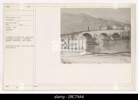 Dessin de l'artiste militaire américain, le capitaine Ernest Peixotto, représentant le pont frontalier sur la rivière Sure à Echternach, au Luxembourg. Le dessin a été créé pendant la première Guerre mondiale et montre un point de passage important utilisé par les troupes américaines. Cette image a été prise par un photographe militaire le 27 mars 1919. Banque D'Images