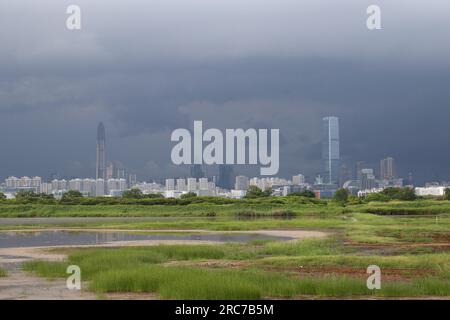 Vue de paysage de frontière - vers le nord - des nuages de tempête sur la ville de Shenzhen (province du Guangdong), vue depuis la réserve naturelle de Mai po, Hong Kong, Chine Banque D'Images