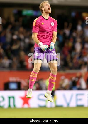 Chicago, États-Unis, 12 juillet 2023. Major League Soccer (MLS) Chicago Fire FC gardien Chris Brady célèbre un but du Fire contre CF Montréal au Soldier Field à Chicago, il, États-Unis. Crédit : Tony Gadomski / All Sport Imaging / Alamy Live News Banque D'Images