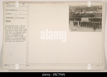 Une photographie des troupes A et B du quartier général de la 1e armée au repos de la parade, attendant la lecture d'un ordre du général J.J. Pershing. L'ordre ordonna à toutes les organisations de l'A.E.F. de se réunir et d'être examinées à trois heures en l'honneur de l'ex-président Theodore Roosevelt. Prise à Hdqrs. Bar sur Aube, France le 8 janvier 1919.' Banque D'Images