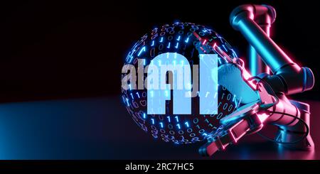 Bras artificiel de robot tenant ai. Usine intelligente, industrie 4,0, fabrication assistée par ordinateur, main robot 3D travaillant en usine. production avec machine Banque D'Images