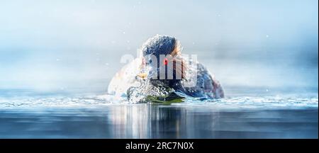 Le grebe à col noir ou le grebe élevé Podiceps nigricollis flotte sur la surface de l'eau ensoleillée, la meilleure photo. Banque D'Images