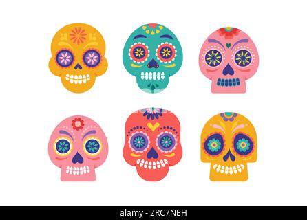 Crânes colorés, crânes à sucre mexicains pour le jour des morts, dia de los muertos. Illustration vectorielle Illustration de Vecteur