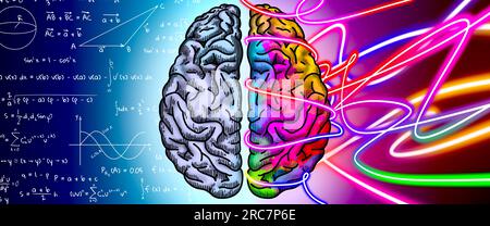 Logique et créativité. Illustration d'hémisphères cérébraux, conception de bannière. Différentes formules et lignes néons lumineuses sur fond Banque D'Images