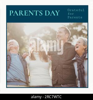 Journée des parents, reconnaissants pour le texte des parents et heureux couple caucasien et parents aînés à l'extérieur Banque D'Images