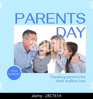 Journée des parents ce dimanche texte sur bleu avec des parents caucasiens heureux, fils et fille embrassant Banque D'Images