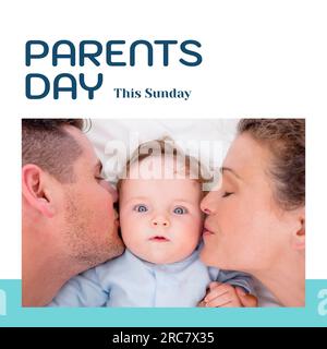 Journée des parents, ce dimanche texte sur blanc avec des parents caucasiens heureux embrassant bébé Banque D'Images