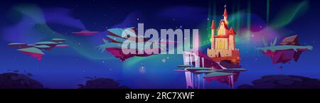 Îles flottantes avec château, cascade et ciel d'aurore. Illustration de dessins animés vectoriels de morceaux de terre volant dans le ciel de nuit, herbe verte et pierres, fai Illustration de Vecteur