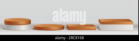 3d podiums en bois, plates-formes pour produits d'exposition. Cercles vides et carrés de bois brun et de base blanche isolés sur fond transparent Illustration de Vecteur