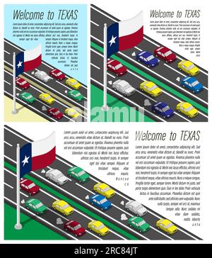 Drapeau isométrique de l'état américain du Texas sur mât battant dans le vent. Traversée de la frontière du Texas en voiture voyages. Ensemble d'informations horizontal, carré et Illustration de Vecteur