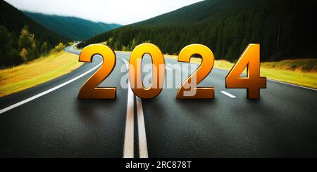 Nouvelle année 2024 ou concept simple. Texte 2024 sur la route au milieu de la route asphaltée avec au coucher du soleil. Concept de planification, objectif, défi, nouvelle année Banque D'Images