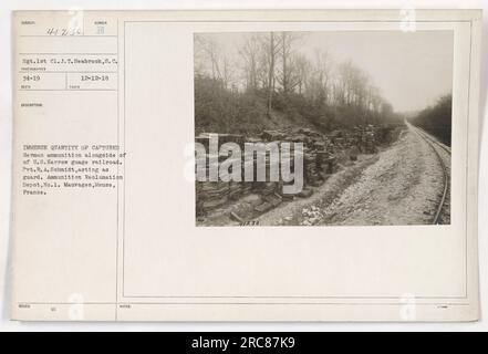 Sergent 1e classe J.T. Seabrook de Caroline du Sud a pris cette photo, étiquetée 111-SC-41230. L'image montre une grande quantité de munitions allemandes capturées à côté d'un chemin de fer américain à voie étroite. Soldat R.A. Schmidt est considéré comme un gardien. La photo a été prise au dépôt de récupération de munitions No 1 à mauvages, Meuse, France, le 12 décembre 1918. Banque D'Images