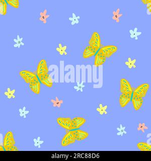 papillons et fleurs modèle sans couture, impression enfantine pour papier peint, tissu pour enfants, intérieur de pépinière, illustration de douche de bébé dans le style doodle Illustration de Vecteur