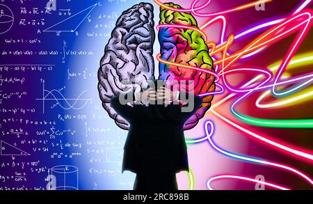 Logique et créativité. Homme et illustration des hémisphères cérébraux. Différentes formules et lignes néons lumineuses sur fond Banque D'Images