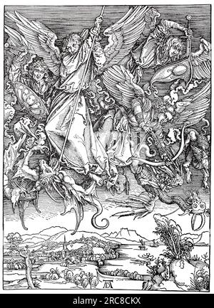 L'Apocalypse, St. Michael combattant le dragon, gravure sur bois par Albrecht Dürer, reproduction historique, numérique améliorée d'une ancienne gravure sur bois Banque D'Images