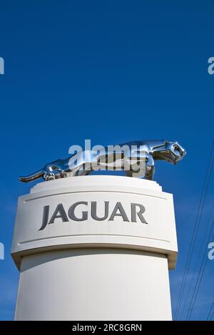 Le concessionnaire Jaguar signe contre le ciel bleu Banque D'Images