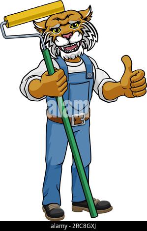 Wildcat Painter Decorator Paint Roller Mascot Man Illustration de Vecteur