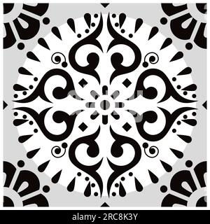 Design de carreaux noirs et blancs floraux de style mexicain, fond vectoriel unique et sans couture avec des fleurs et des tourbillons inspirés de l'art populaire du Mexique Illustration de Vecteur