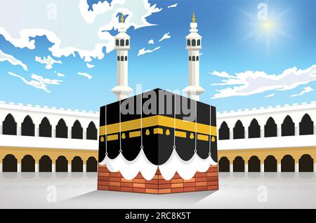 Illustration vectorielle de la Mecque du Hajj, mosquée al-haram, kaaba en arabie saoudite, sur ciel bleu Illustration de Vecteur