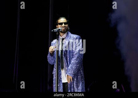 Rome, Italie. 12 juillet 2023. Maluma, de son vrai nom Juan Luis Londono Arias, se produit lors du concert du Festival Fiesta le 12 juillet 2023 sur scène de Rock in Roma à Ippodromo delle Capannelle à Rome, Italie crédit : Agence photo indépendante/Alamy Live News Banque D'Images