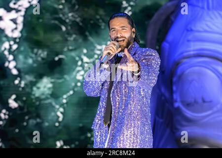 Rome, Italie. 12 juillet 2023. Maluma, de son vrai nom Juan Luis Londono Arias, se produit lors du concert du Festival Fiesta le 12 juillet 2023 sur scène de Rock in Roma à Ippodromo delle Capannelle à Rome, Italie crédit : Agence photo indépendante/Alamy Live News Banque D'Images