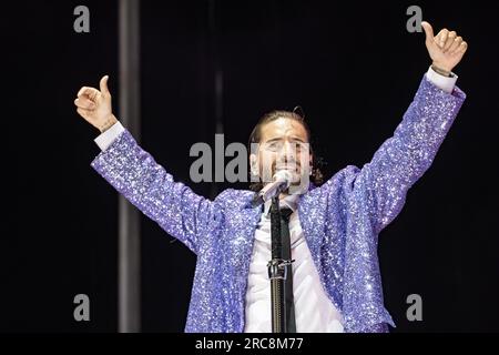 Rome, Italie. 12 juillet 2023. Maluma, de son vrai nom Juan Luis Londono Arias, se produit lors du concert du Festival Fiesta le 12 juillet 2023 sur scène de Rock in Roma à Ippodromo delle Capannelle à Rome, Italie crédit : Agence photo indépendante/Alamy Live News Banque D'Images