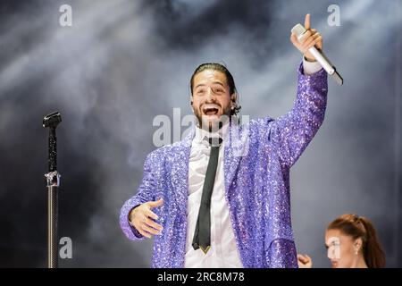 Rome, Italie. 12 juillet 2023. Maluma, de son vrai nom Juan Luis Londono Arias, se produit lors du concert du Festival Fiesta le 12 juillet 2023 sur scène de Rock in Roma à Ippodromo delle Capannelle à Rome, Italie crédit : Agence photo indépendante/Alamy Live News Banque D'Images