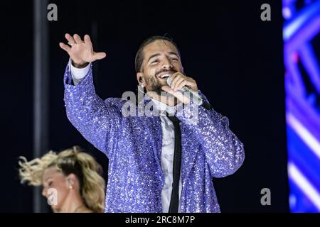 Rome, Italie. 12 juillet 2023. Maluma, de son vrai nom Juan Luis Londono Arias, se produit lors du concert du Festival Fiesta le 12 juillet 2023 sur scène de Rock in Roma à Ippodromo delle Capannelle à Rome, Italie crédit : Agence photo indépendante/Alamy Live News Banque D'Images