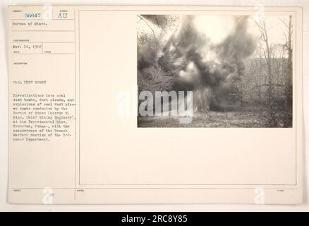 Le Bureau of Mines a mené des enquêtes sur les bombes à poussière de charbon à sa mine expérimentale de Bruceton, en Pennsylvanie. Le but était d'étudier les nuages de poussière et les explosions résultant de la poussière de charbon placée dans les bombes. Ces études ont été faites avec l'approbation de la Trench Warfare Section du département de l'ordonnance. Banque D'Images