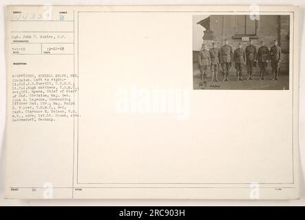 Le sergent John P. Musler, S.C. a pris cette photo le 3-1-19. Il montre des officiers et du personnel de la 2e division de l'armée américaine. De gauche à droite : le lieutenant-colonel J.S.Turrill, M.C. ; le lieutenant-colonel Hugh Matthews, U.S.M.C. G-1 ; C01. Myers, chef d'état-major de la 2e. Division ; major général John A. Lejeune, commandant le 2nd. Div. ; Maj. Ralph H. Keyser, M.C. É.-U., G-2 ; Capt. Clarence E. Nelson, É.-U. M.C., aide ; 1st.Lt. Brown, aide. La photo a été prise à Heddesdorf, en Allemagne. Banque D'Images