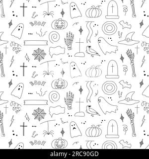 Halloween motif sans couture fond Doodle Noir contour éléments de conception ligne dessin main illustration vectorielle isolée Illustration de Vecteur