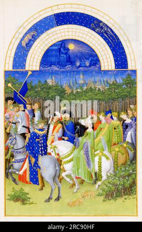 Limbourg Brothers, mai tiré du manuscrit enluminé très riches heures du duc de Berry à la tempera sur vélin, 1412-1416 Banque D'Images