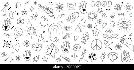 Ensemble d'illustrations hippie groovy style Doodle esquisse de la décoration de fête Black Outline design éléments dessin main illustration vectorielle isolée sur wh Illustration de Vecteur