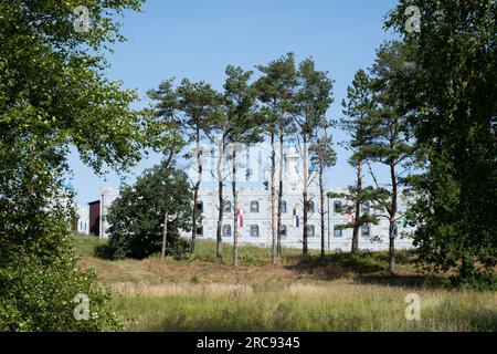 LEGOLAND Castle Hotel vue à travers les arbres du Skulpturpark Billund, Billund, Danemark Banque D'Images