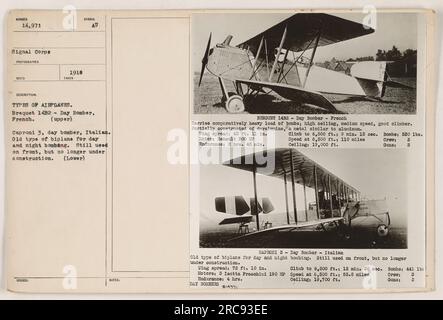 Légende : « cette photographie montre deux types de bombardiers de jour utilisés pendant la première Guerre mondiale L'avion supérieur est un Breguet 14B2, un bombardier français connu pour son chargement de bombes lourdes et son plafond haut. L'avion inférieur est un Caproni 3, un vieux biplan italien utilisé pour les bombardements de jour et de nuit. Ces bombardiers étaient encore utilisés sur le front mais n'étaient plus en construction." Banque D'Images