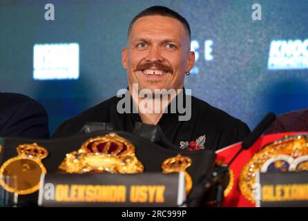 Oleksandr Usyk lors de la conférence de presse à l'Hôtel Cafe Royal, Londres. Date de la photo : jeudi 13 juillet 2023. Banque D'Images