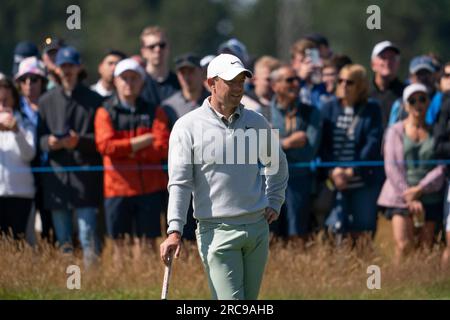 North Berwick, East Lothian, Écosse, Royaume-Uni. 13 juillet 2023. Rory McIlroy sur le 4e green au Genesis Scottish Open au Renaissance Club à North Berwick. Iain Masterton/Alamy Live News Banque D'Images