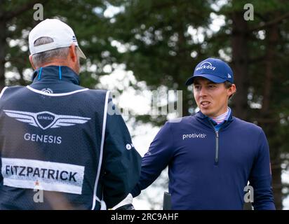 North Berwick, East Lothian, Écosse, Royaume-Uni. 13 juillet 2023. Mathew Fitzpatrick sur le 17e trou du Genesis Scottish Open au Renaissance Club à North Berwick. Iain Masterton/Alamy Live News Banque D'Images