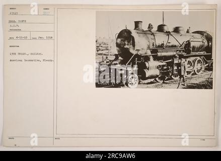 Locomotive américaine, Fleury, utilisée par le 13e bataillon du génie des Forces expéditionnaires américaines (A.E.F.) pendant la première Guerre mondiale. La photographie a été prise en janvier 1918 et étiquetée comme sujet 47127 par le corps du génie. Banque D'Images