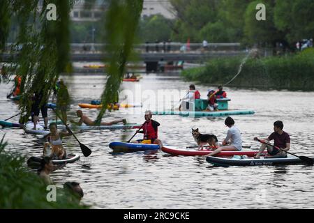 (230713) -- PÉKIN, 13 juillet 2023 (Xinhua) -- les gens aiment le paddleboard sur la rivière Liangma à Pékin, capitale de la Chine, le 23 juin 2023. La Seine, deuxième plus grande rivière de France, serpente au cœur de Paris. S'écoulant d'ouest en est, il divise la ville en deux : la « rive gauche » et la « rive droite ». La rive gauche est définie par une ambiance artistique, ornée de cafés, théâtres et librairies, créant un havre pour le cercle littéraire et un paradis culturel. D'autre part, la rive droite abrite des monuments prestigieux tels que le Louvre, l'ancien palais royal, et le musée Banque D'Images