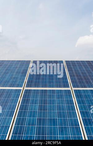 Une banque de grands panneaux solaires dans le cadre d'une ferme solaire sur des terres agricoles dans le Gloucestershire, en Angleterre Banque D'Images