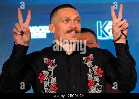 Oleksandr Usyk lors de la conférence de presse à l'Hôtel Cafe Royal, Londres. Date de la photo : jeudi 13 juillet 2023. Banque D'Images