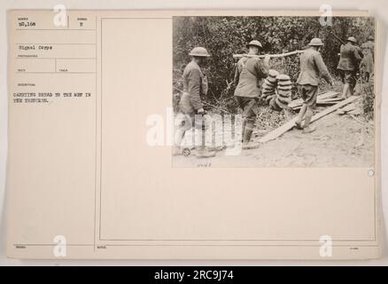 Soldat livrant des miches de pain à leurs camarades dans les tranchées pendant la première Guerre mondiale. Cette image est classée au numéro 50 168 dans la collection de photographies du signal corps documentant les activités militaires américaines pendant la guerre. Le photographe a reçu cette description et a pris la photo dans le cadre de ses fonctions. Il s'agit d'un enregistrement officiel de la livraison du pain. Banque D'Images