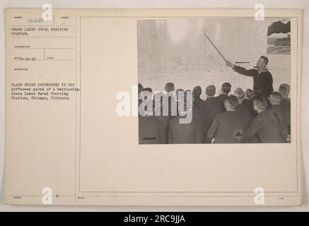 Des stagiaires à la Station d'entraînement naval des Grands Lacs à Chicago, Illinois, sont instruits sur les différentes parties d'un cuirassé. Cette photographie, numérotée 59429, a été prise le 19 février 1919.' Banque D'Images