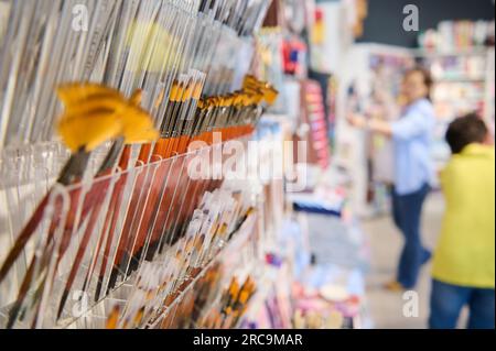 Mise au point sélective. Groupe de pinceaux avec poils naturels et synthétiques de douceur différente, affichés à la vente dans la boutique d'art créatif. Peinture. SC Banque D'Images