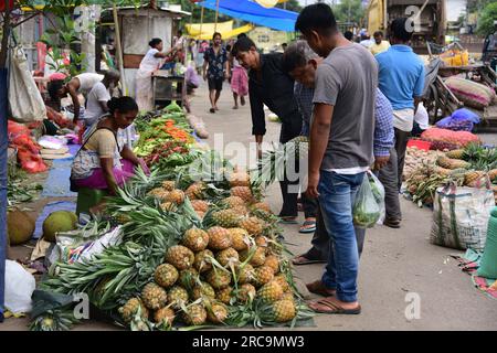 Guwahati. 13 juillet 2023. Les gens achètent des ananas à un vendeur sur un marché de gros de fruits dans la ville de Guwahati, dans l'État d'Assam, dans le nord-est de l'Inde, le 13 juillet 2023. Crédit : Str/Xinhua/Alamy Live News Banque D'Images