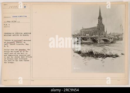 Légende : 'dessins du capitaine Ernest Peixotto, artiste militaire américain officiel, représentant une église à Baccarat, en France. Le croquis capture les effets des batailles qui ont détruit la partie de la ville au-delà du pont temporairement réparé sur la Meurthe. Prise le 16 juillet 1918 par le photographe Suter E., signal corps.' Banque D'Images