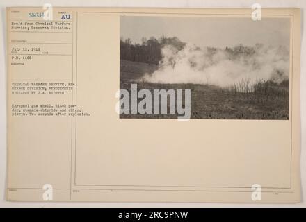 La division de recherche du Chemical Warfare Service a mené des recherches pyrotechniques sur un obus de gaz shrapnel contenant de la poudre noire, du chlorure stannique et de la chloro-picrine. La photographie capture l'obus juste deux secondes après l'explosion. L'image a été reçue du Chemical Warfare Service et prise par J. A. Richter le 12 juillet 1918. Banque D'Images